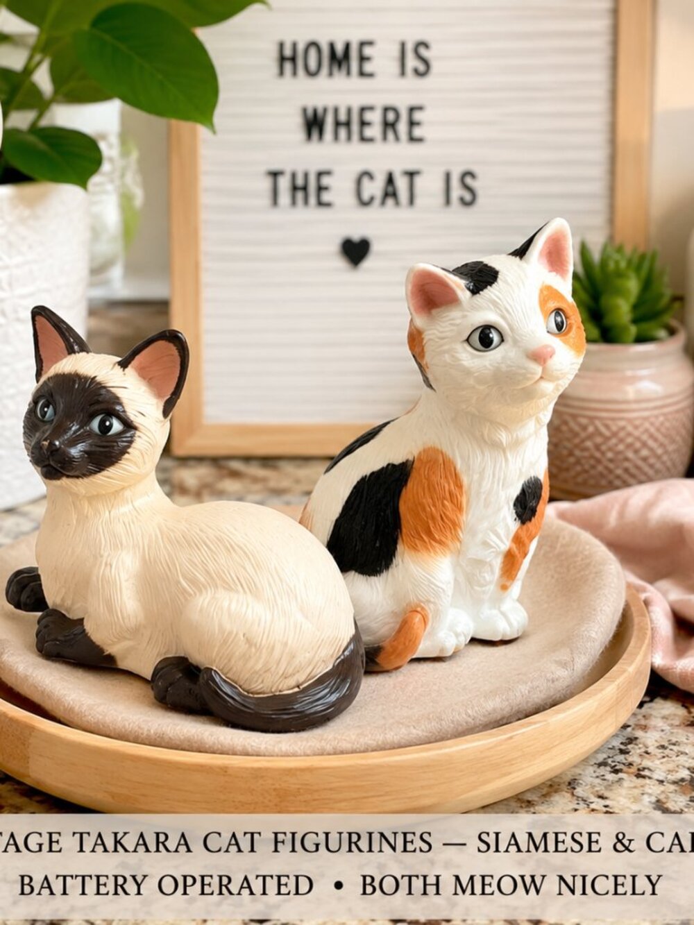 Takara Cat Figurines  — Siamese & Calico, Battery Operated, Both Meow Nicely
